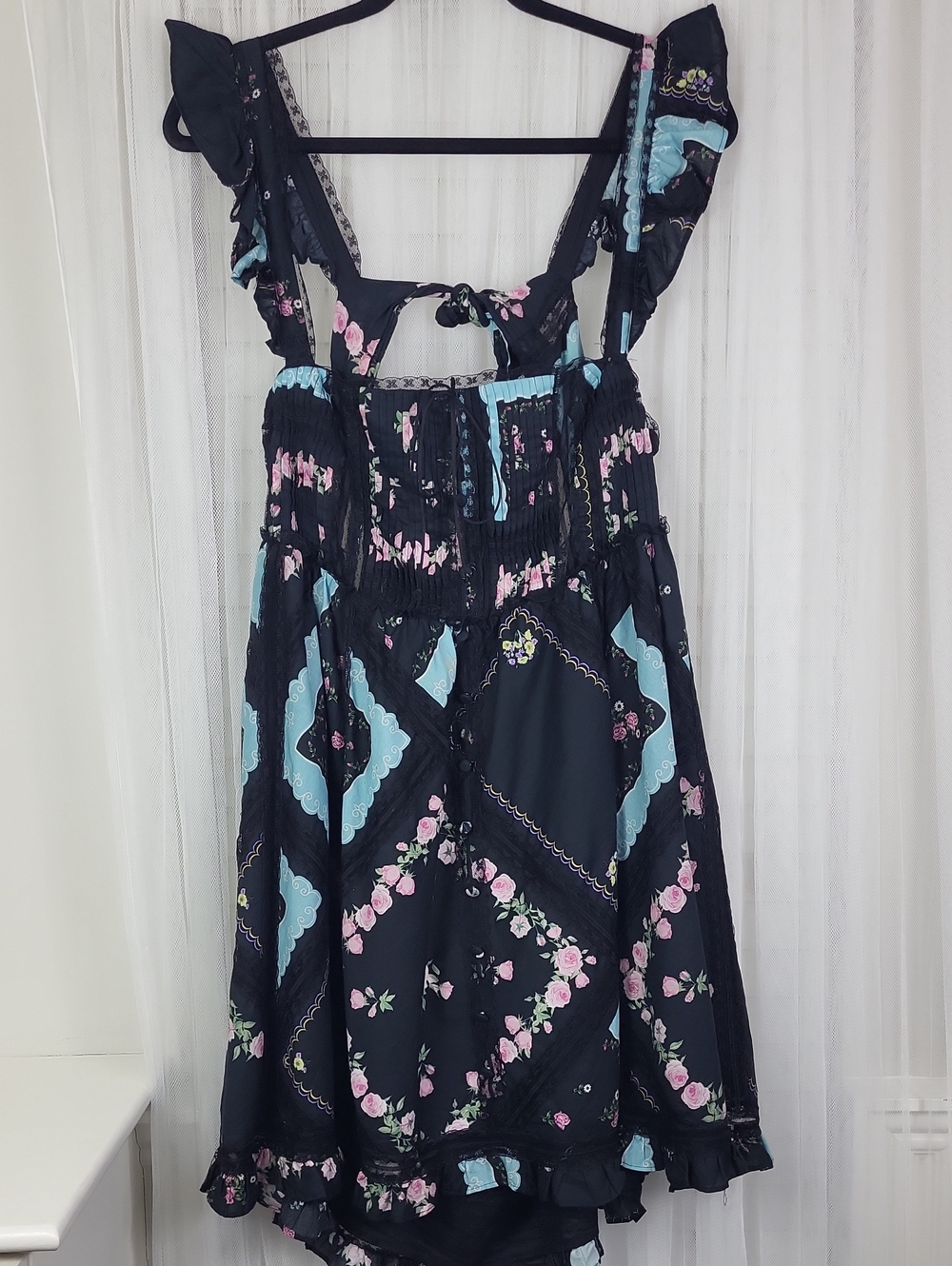 For Love & Lemons Black Floral Patchwork Sundress with Blue Accents. Size XL